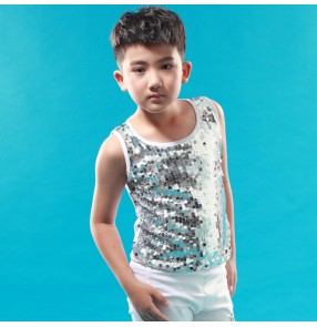 Silver white patchwork  cotton  sleeveless boys kids children performance hip hop jazz dance costumes tops vests costumes outfits(only vest)